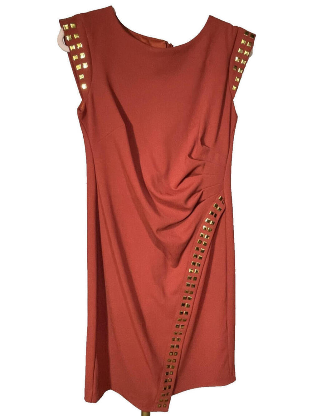 Shelby & Palmer Burnt Orange Gold Embellished Ruched Stretch Dress Sz 8